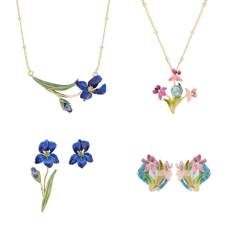 Pink Flower de Luce Irises And Stone Enamel Pendant Necklace