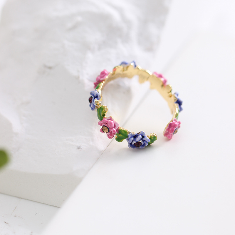 Flower Blossom And Crystal Enamel Adjustable Ring