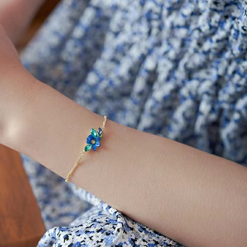 Blue Irises Flower And Crystal Enamel Thin Bracelet