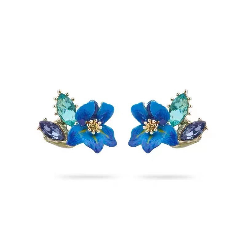 Blue Irises Flower And Crystal Enamel Stud Earrings