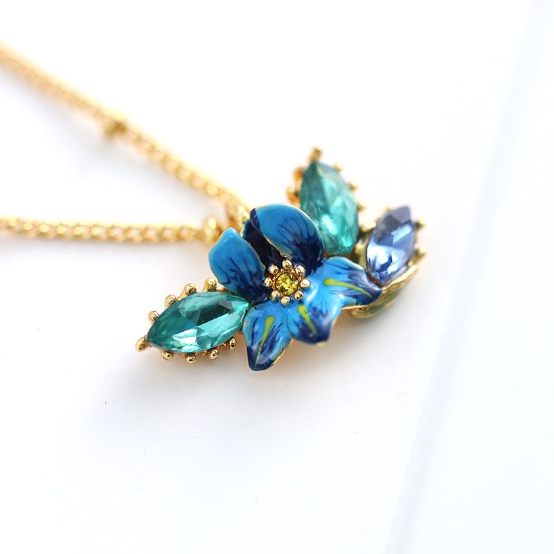 Blue Irises Flower And Crystal Enamel Pendant Necklace