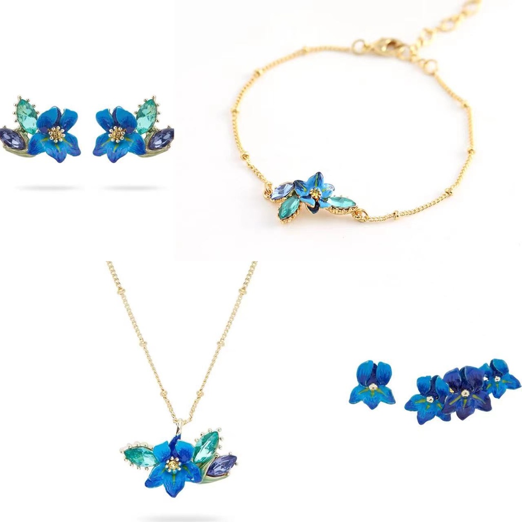 Blue Irises Flower And Crystal Enamel Pendant Necklace