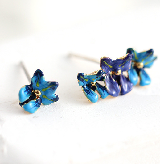 Blue Irises Flower Enamel Asymmetrical Stud Earrings