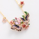 Pink Flower Blossom Branch And Butterfly Enamel Pendant Necklace