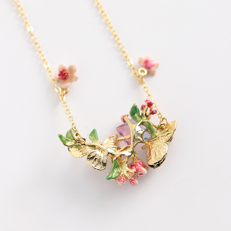 Pink Flower Blossom Branch And Butterfly Enamel Pendant Necklace