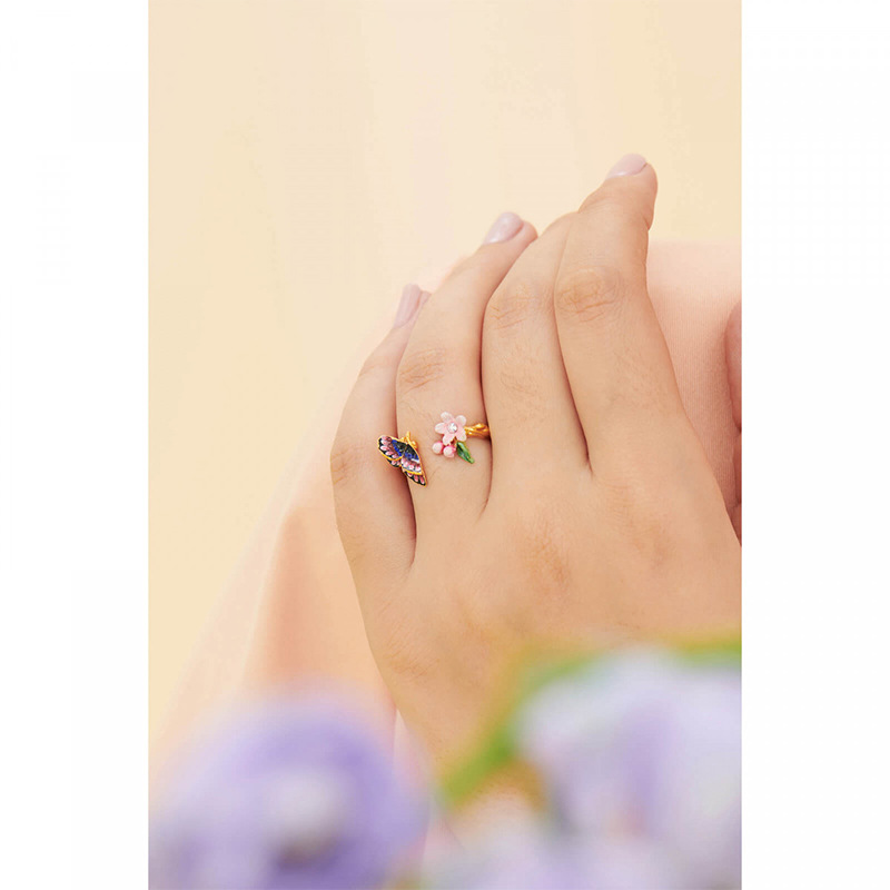 Pink Flower And Butterfly Enamel Adjustable Ring