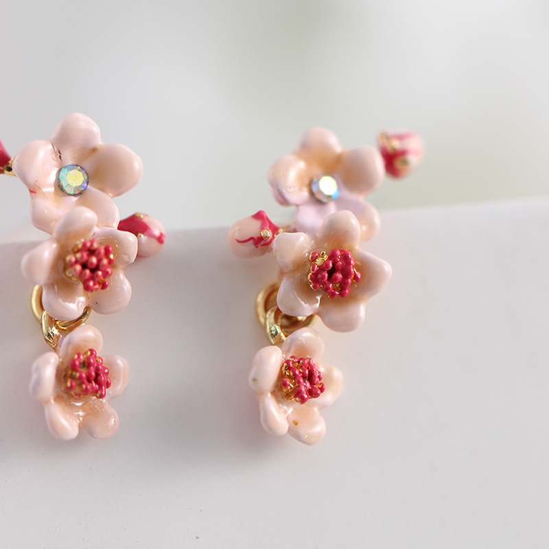Cherry Blossom Flower Enamel Dangle Earrings