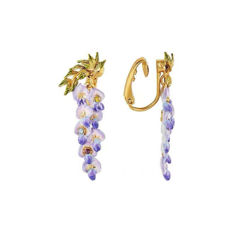 Purple Flower Blosssom Wisteria Enamel Dangle Earrings