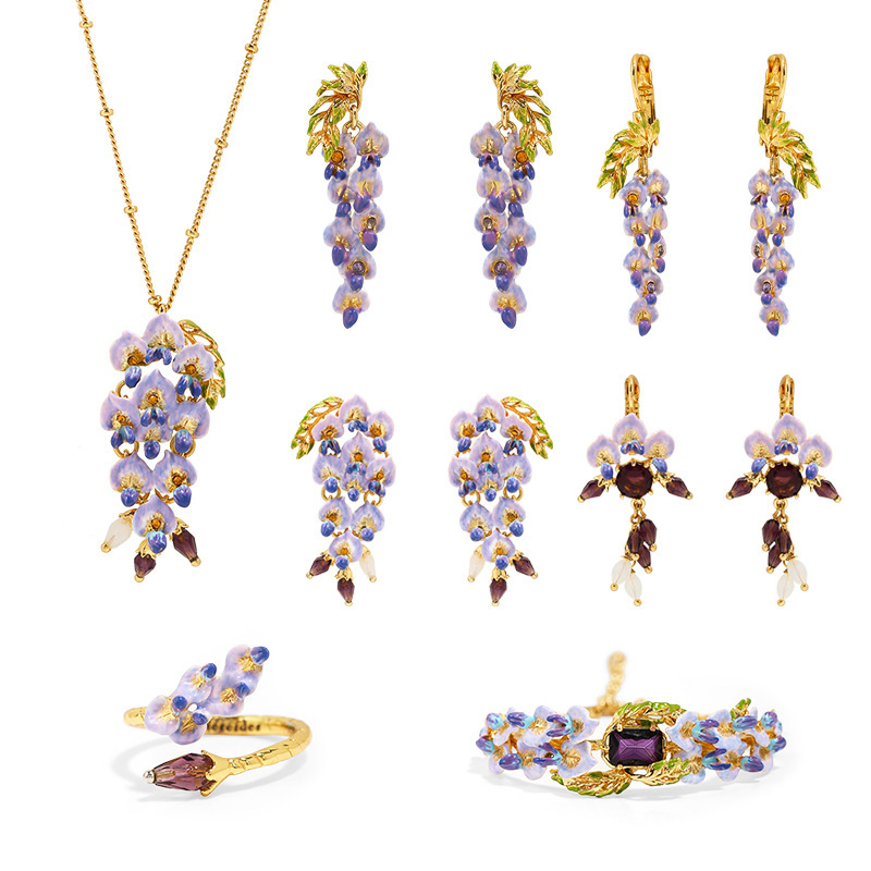 Purple Flower Blosssom Wisteria Crystal And Stone Enamel Dangle Earrings