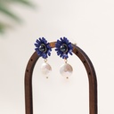 Blue Flower And Natural Pearl Enamel Dangle Earrings