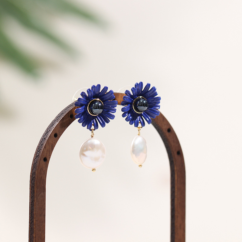 Blue Flower And Natural Pearl Enamel Dangle Earrings