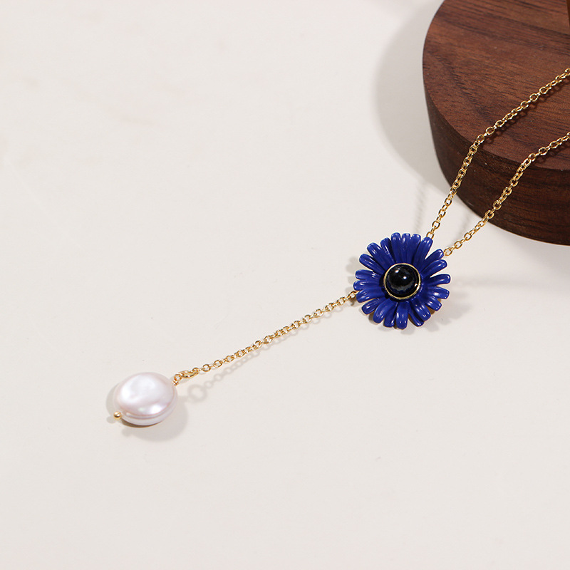 Blue Flower And Natural Pearl Enamel Pendant Necklace
