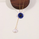 Blue Flower And Natural Pearl Enamel Pendant Necklace