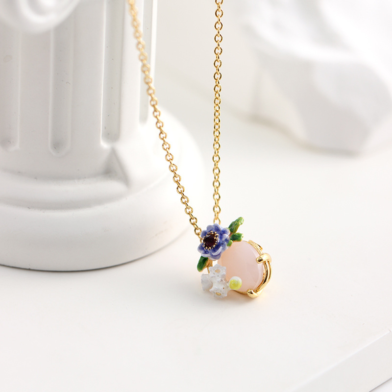 Blue Sea Anemone White Flower And Stone Enamel Pendant Necklace