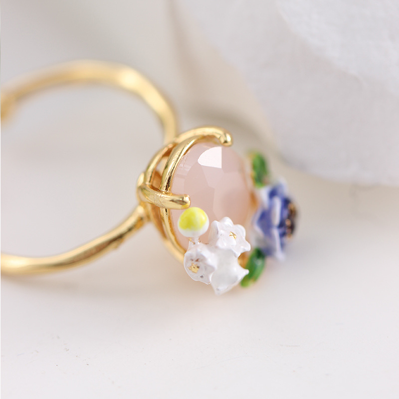 Blue Sea Anemone White Flower And Stone Enamel Adjustable Ring