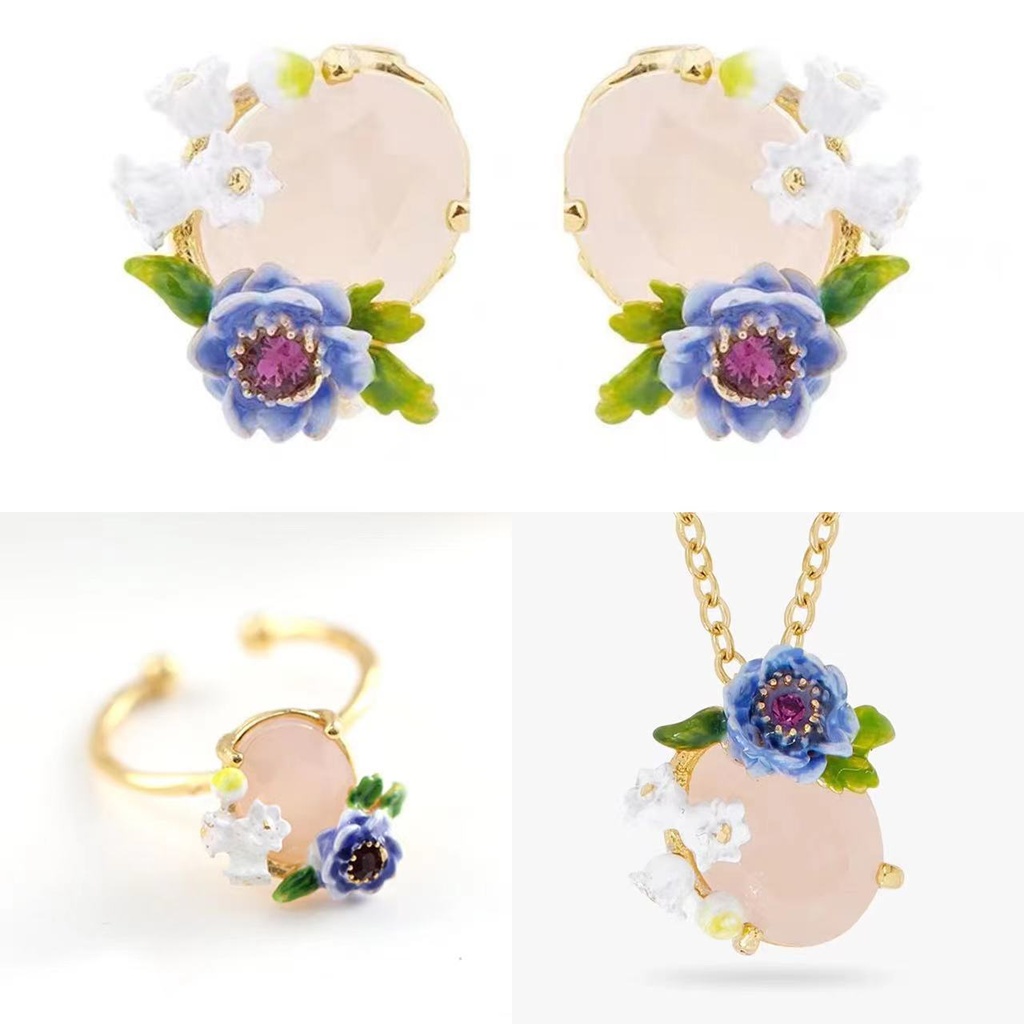 Blue Sea Anemone White Flower And Stone Enamel Pendant Necklace
