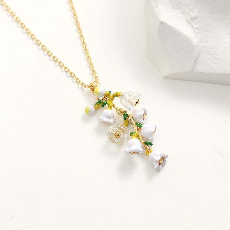 Lily of the Valley White Flower Blossom Enamel Pendant Necklace