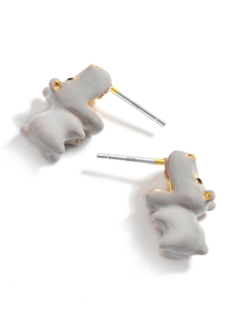 Enamel Glazed Cute Hippopotamus Stud Earrings 925 Silver Needle