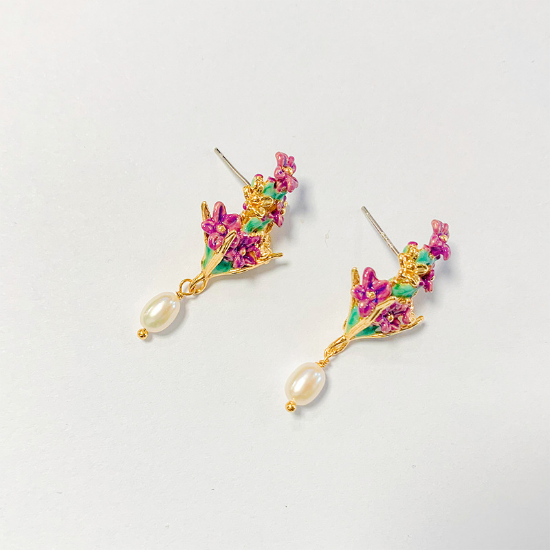 Lavender Purple Flower And Pearl Enamel Dangle Earrings