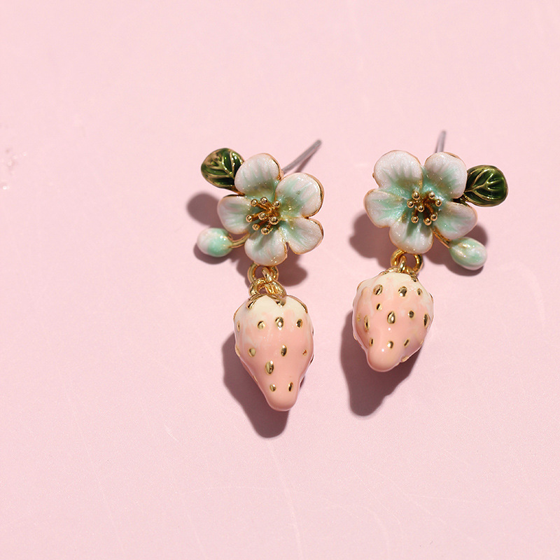 Light Pink Blue Strawberry Flower Enamel Dangle Earrings