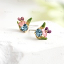 Pink Flower de Luce Irises And Stone Enamel Asymmetrical Stud Earrings