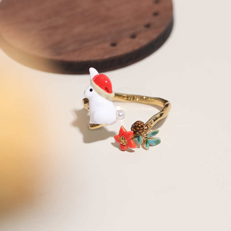 Cute Bunny Rabbit And Flower Enamel Adjustable Ring