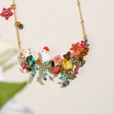 Cute Bunny Rabbit On Flower Branch And Crystal Enamel Pendant Necklace