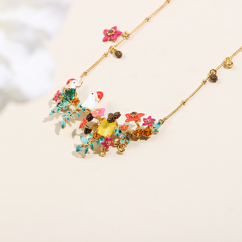 Cute Bunny Rabbit On Flower Branch And Crystal Enamel Pendant Necklace