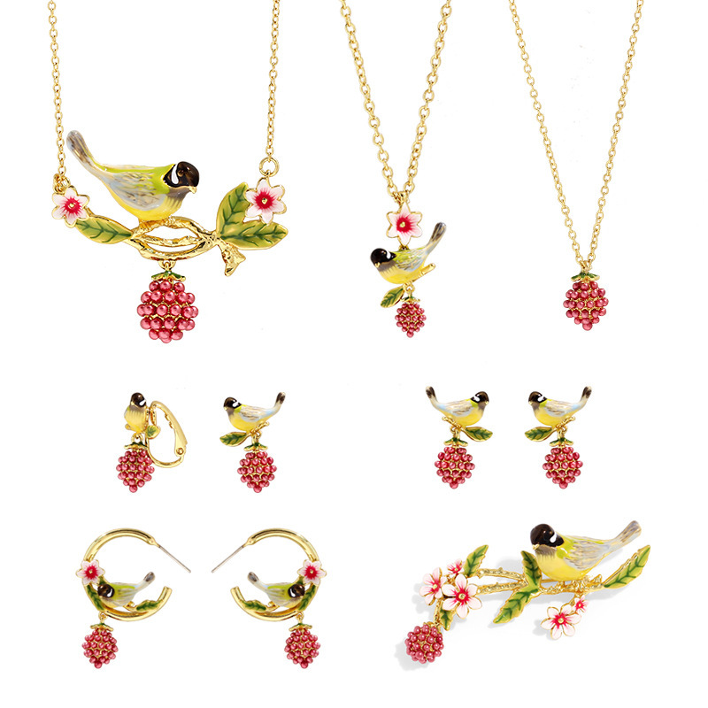 Bird Fruit Berry And Flower Branch Enamel Pendant Necklace