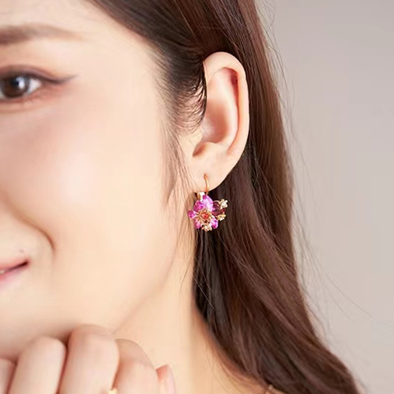 Purple Flower With Crystal Enamel Stud Earrings