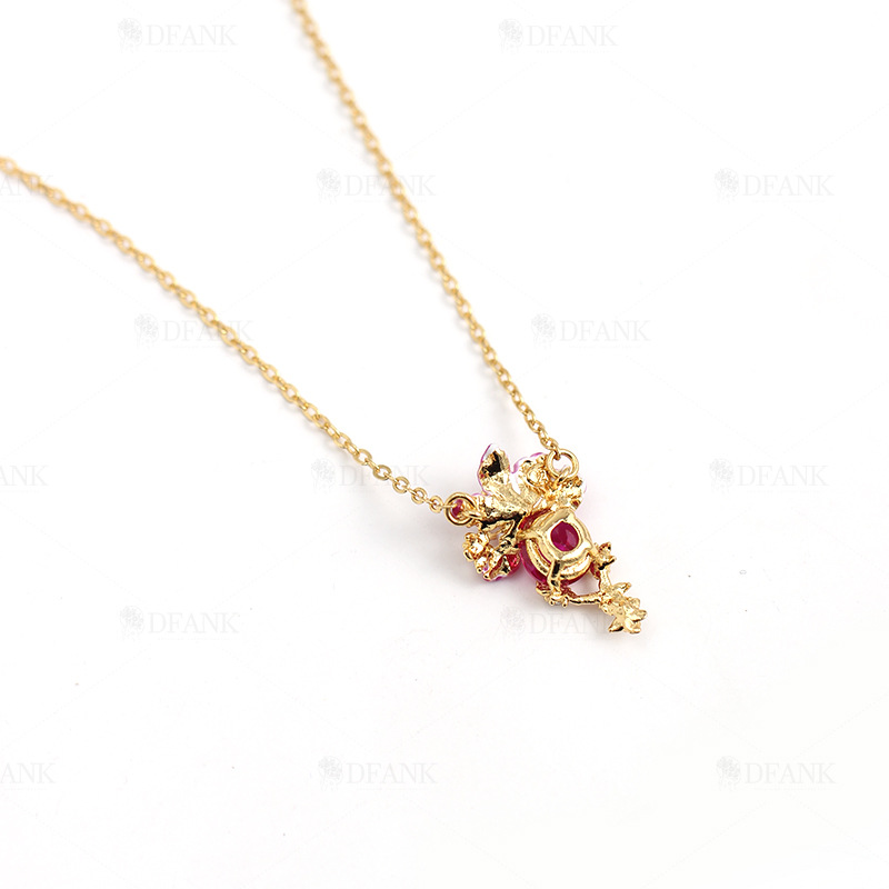 Purple Flower With Crystal Enamel Pendant Necklace