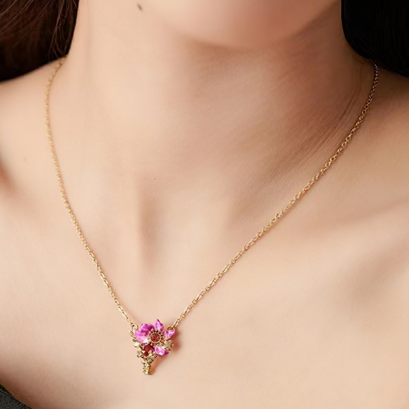 Purple Flower With Crystal Enamel Pendant Necklace