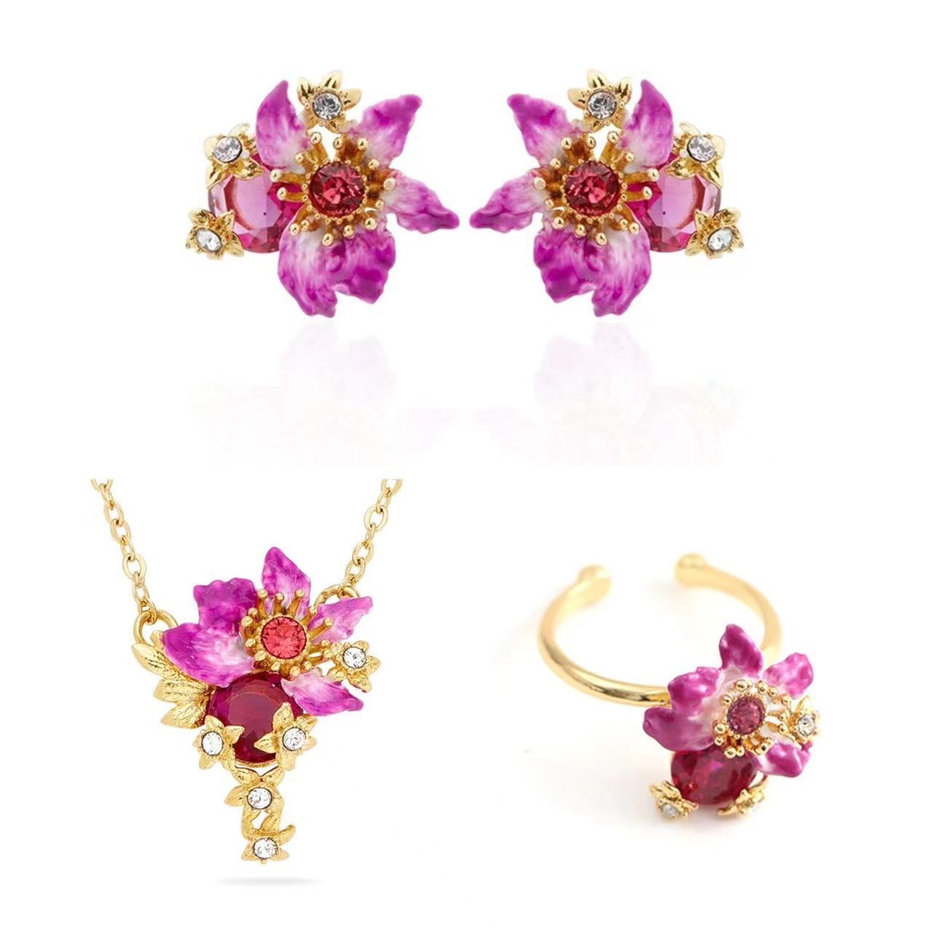 Purple Flower With Crystal Enamel Pendant Necklace