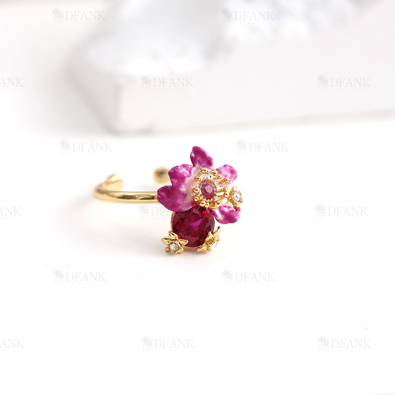 Purple Flower With Crystal Enamel Adjustable Ring