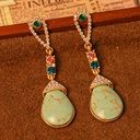 Natural Green Stone And Imitation Zircon Retro Vintage Dangle Earrings