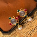 Imitation Gem And Pearl Coin With Portrait Vintage Retro Dangle Earrings