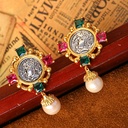 Imitation Gem And Pearl Coin With Portrait Vintage Retro Dangle Earrings