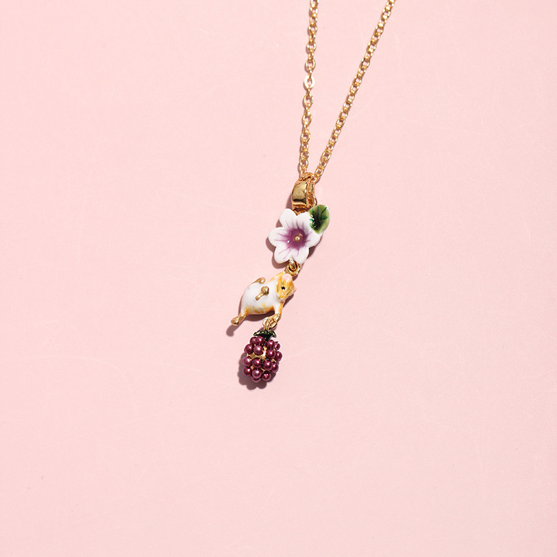 Flower Berry And Hamster Enamel Pendant Necklace