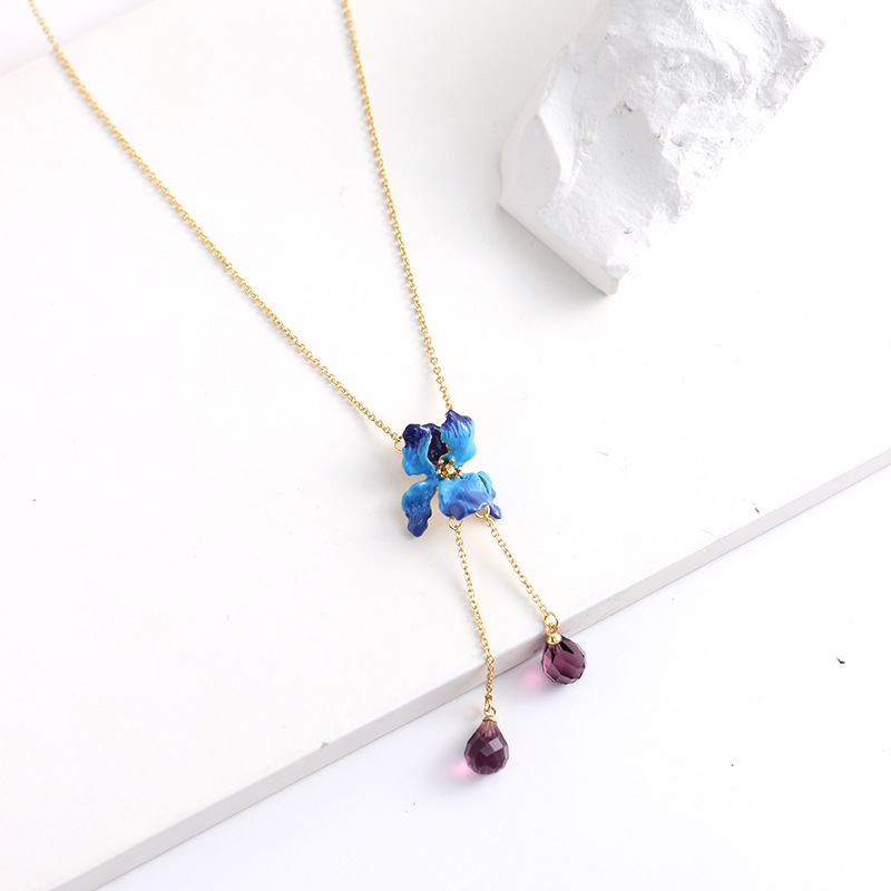Blue Flower de Luce Irises And Stone Enamel Necklace