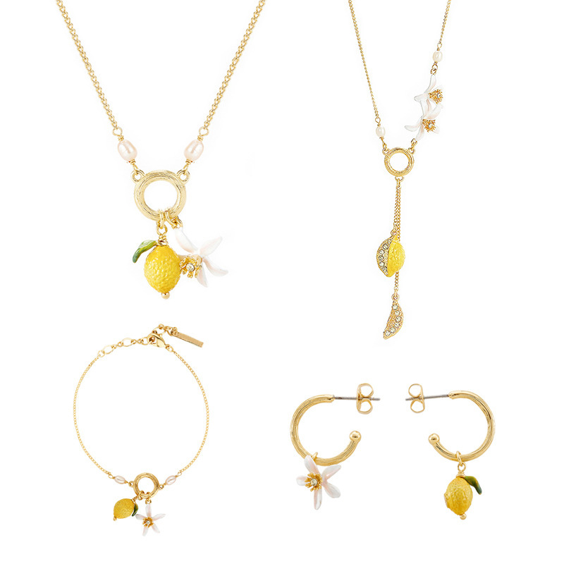 Lemon And Flower Enamel C Shape Dangle Earrings