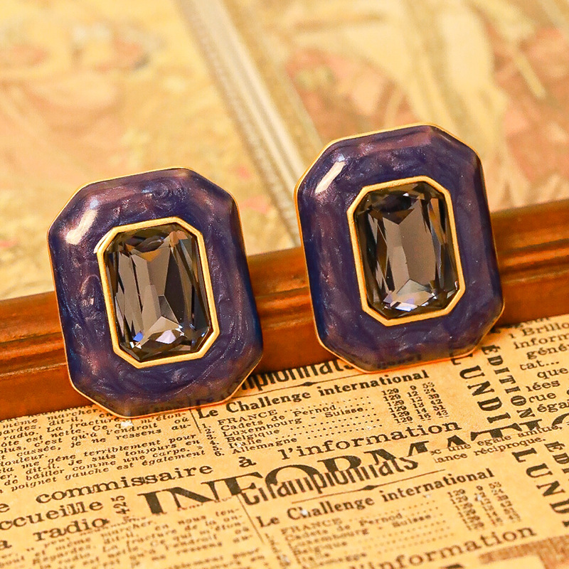 Inlaid Crystal Retro Vintage Enamel Square Stud Earrings