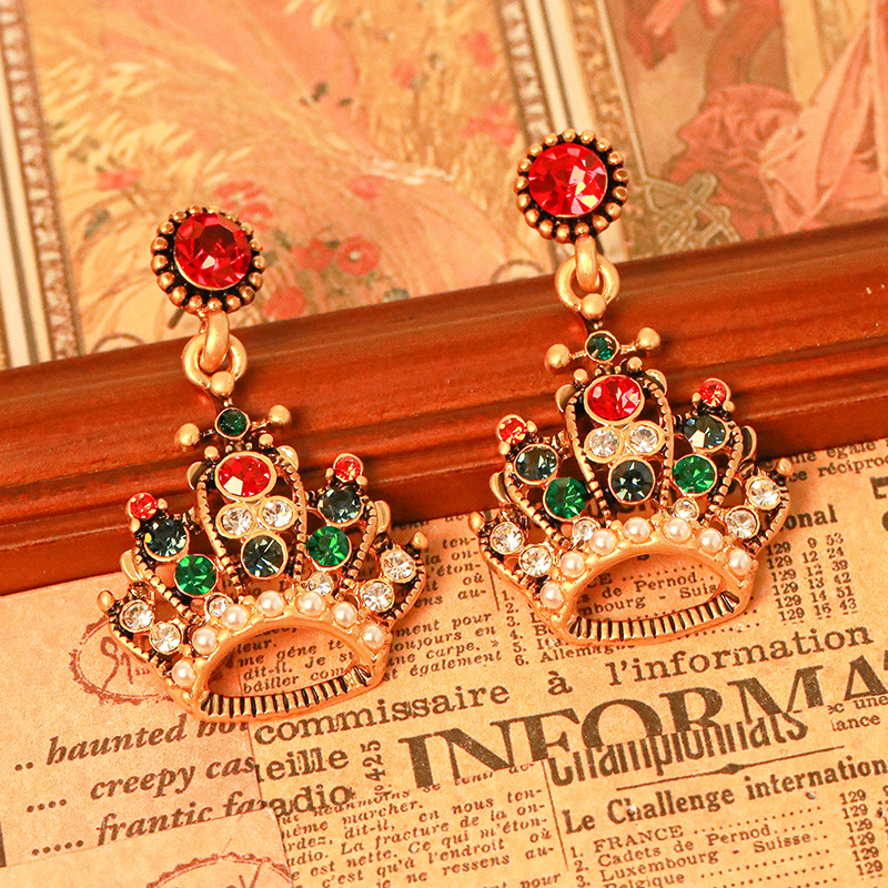 Inlaid Zircon Crown Retro Vintage Dangle Earrings