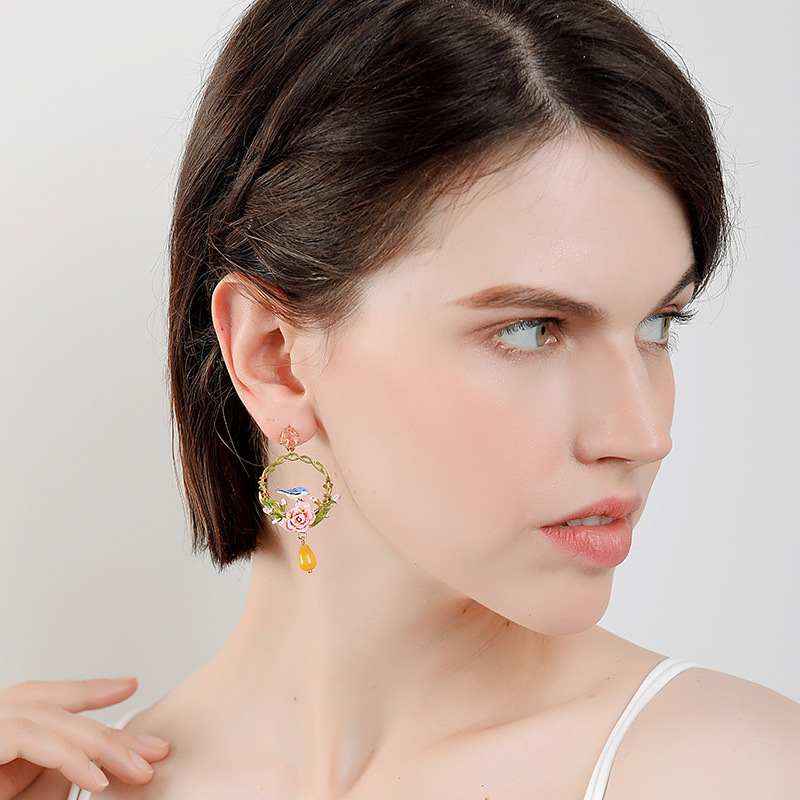 Blue Bird Tit On Flower Branch Enamel Earrings