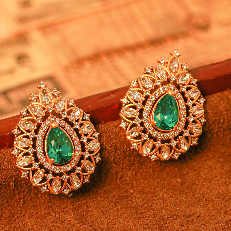 Inlaid Drop Shape Zircon And Stone Retro Vintage Stud Earrings