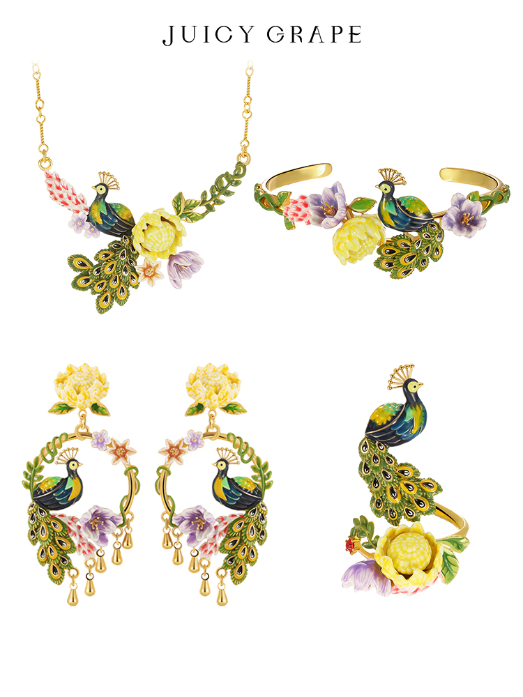 Flower and Peacock Enamel Dangle Earrings set Jewelry Gift