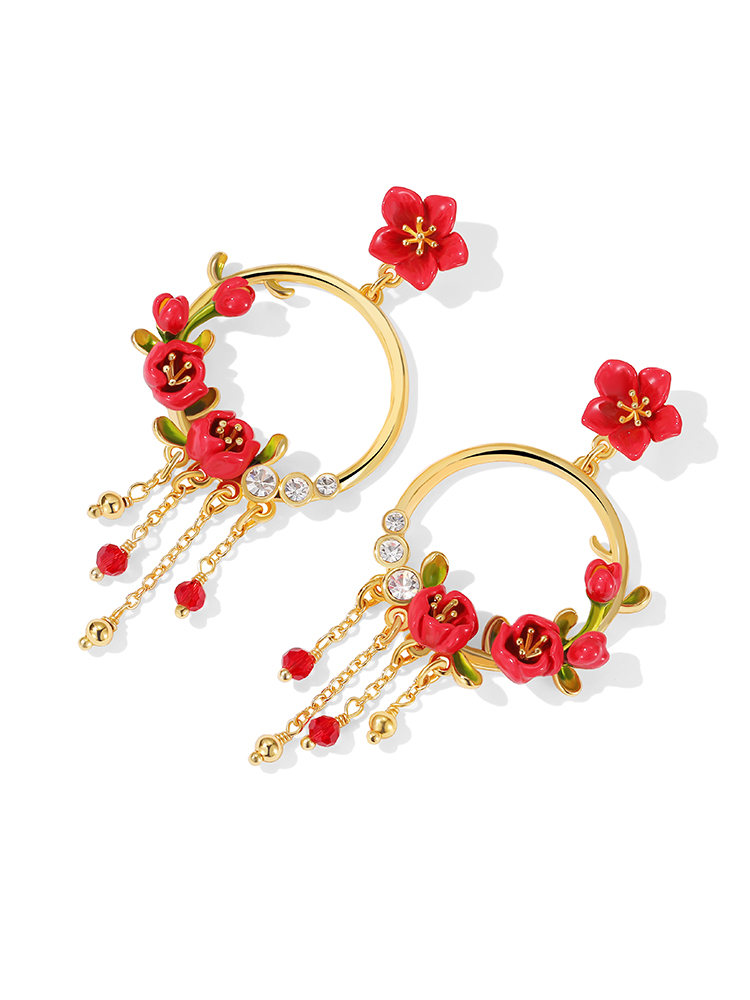 Red Flower Tassel Enamel Dangle Earrings Jewelry Gift2