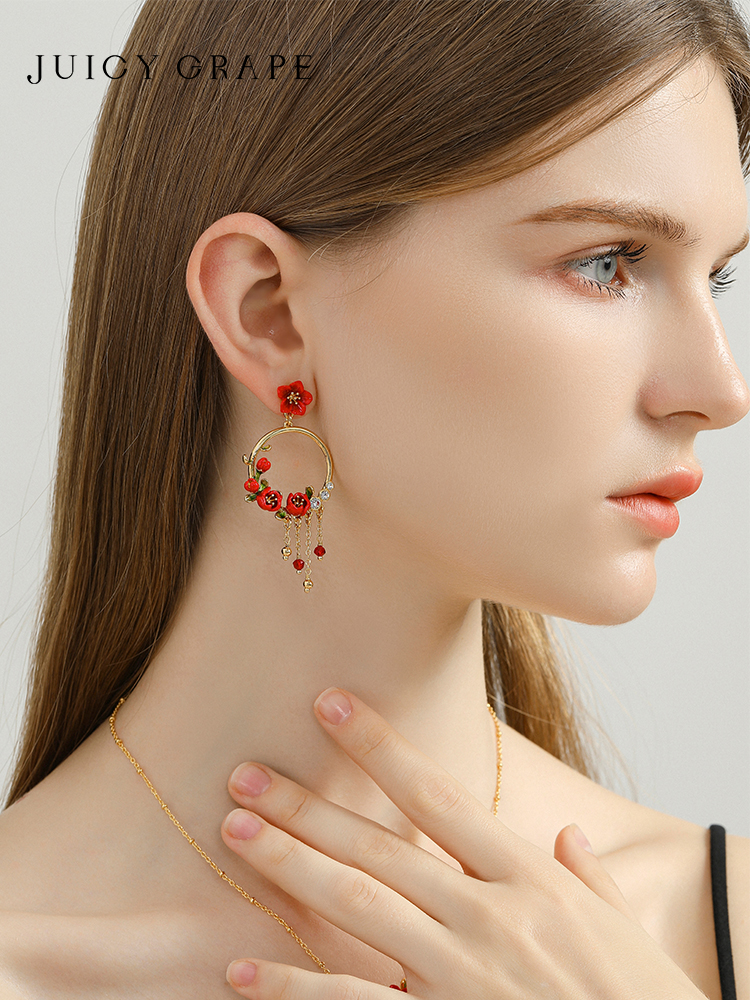 Red Flower Tassel Enamel Dangle Earrings Jewelry Gift3