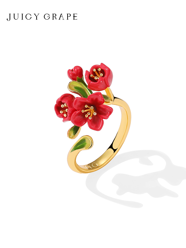 Red Flower Enamel Adjustable Ring Jewelry Gift
