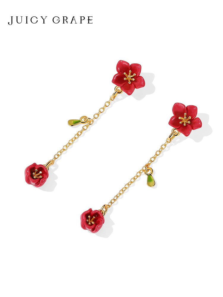 Red Flower Tassel Enamel Earrings Jewelry Gift2
