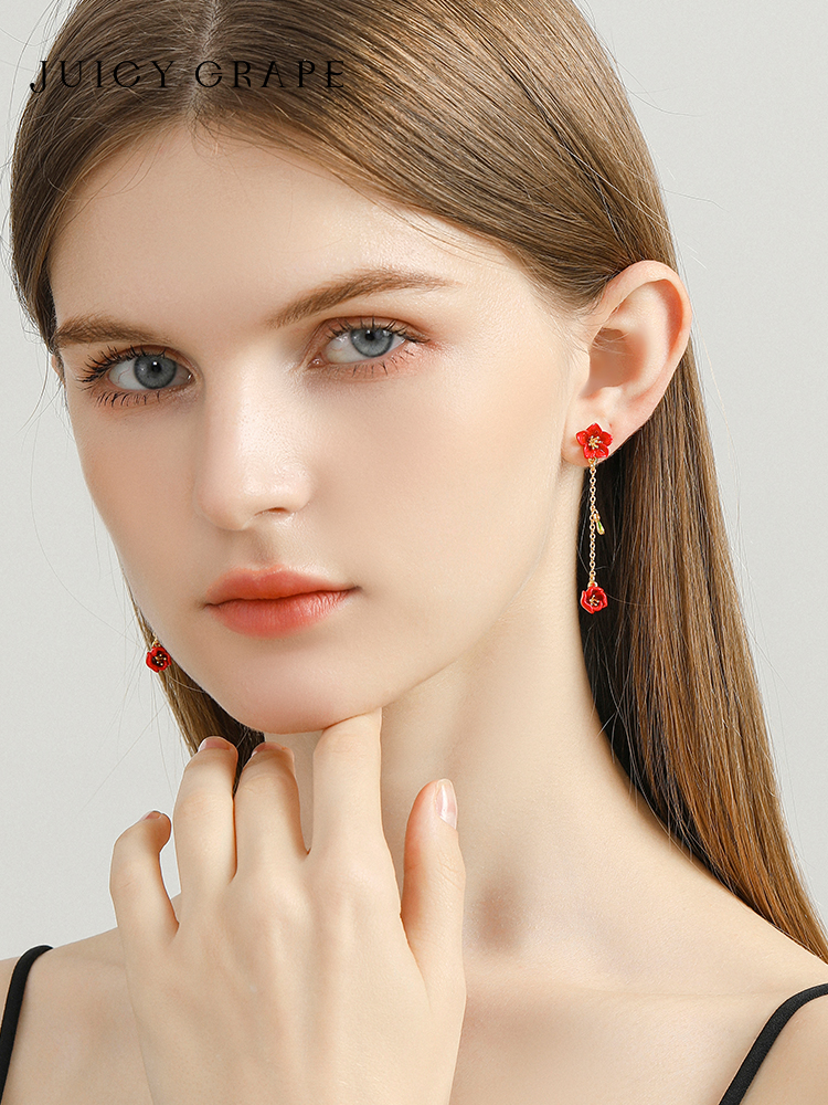 Red Flower Tassel Enamel Earrings Jewelry Gift5